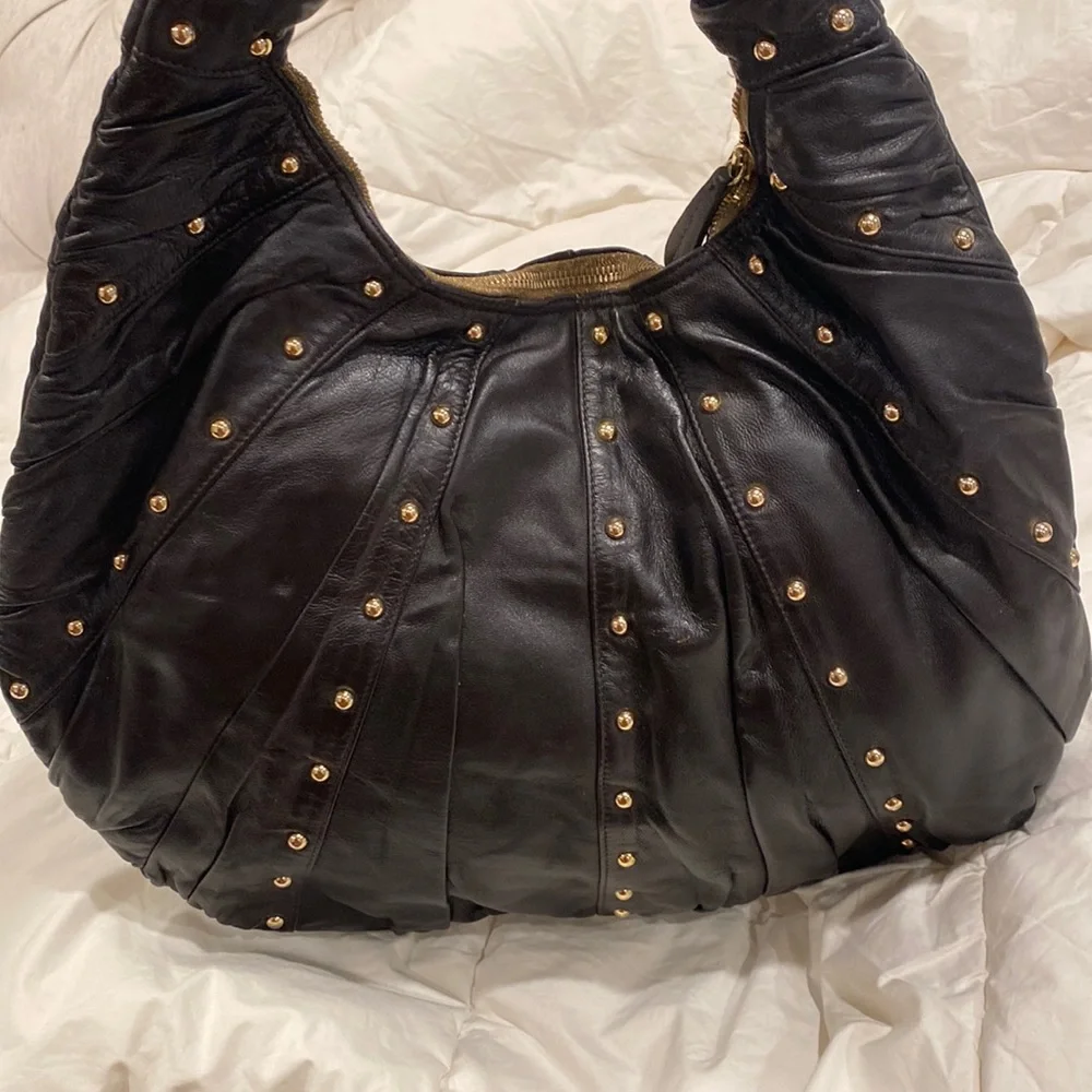 GOLDENBLEU black leather purse semi circular bag with gold tone studs all over